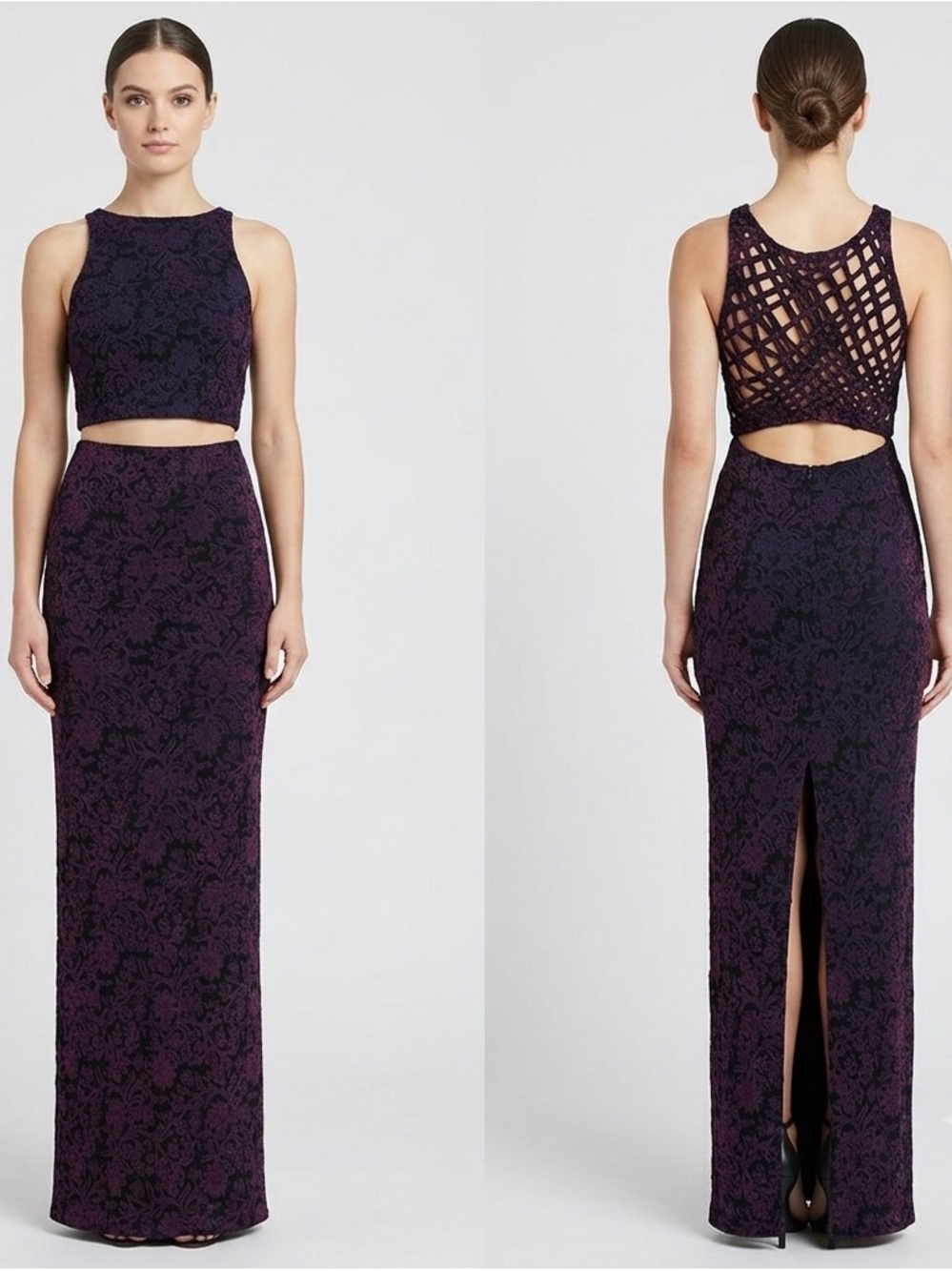 Indah Purple Cutout Maxi Dress S Open Lattice Back Floral Resort Evening Gown